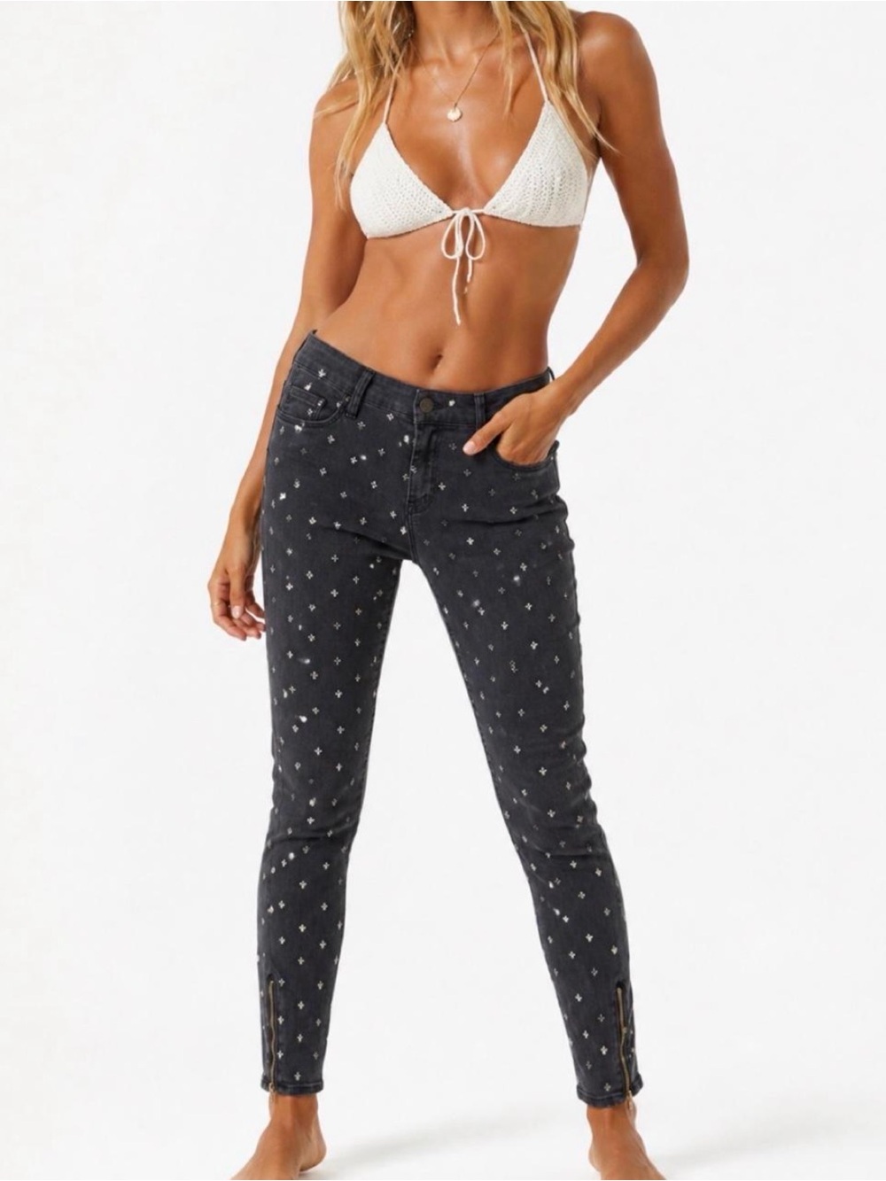 MOTHER The Looker Ankle Zip Fleur-de-Lis Skinny Jeans — Size 30